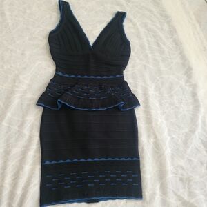 Herve Leger Black Dress with Blue Trim V-Neck Peplum Bodycon